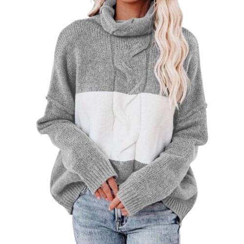 Women Knit Turtleneck Sweater, Adults Color Block Patchwork Long Sleeve Pullover Autumn Winter Daily Wear