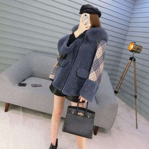 Winter Women Sheep Shearling Real Coat Female Fox Fur Collar 100% Wool Coats Korean Jacket Manteau Femme MY4232