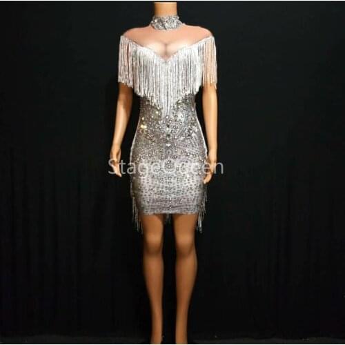 2019 Fashion Design Nude Spandex Fringes Dress Birthday Celebrate Stretch Tassels Dress Evening Party Sleeveless Tassel Dresses