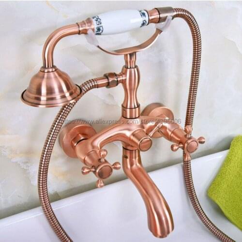 Antique Red Copper Dual Handle Bathroom Tub Faucet Wall Mounted Bathtub Mixer Taps with Handshower Bna322