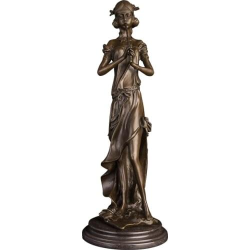 ArtsHom DS-116 Handmade Bronze Young Girl with long Flute Statues Modern Female Musical Instruments Sculptures Figurine for Home
