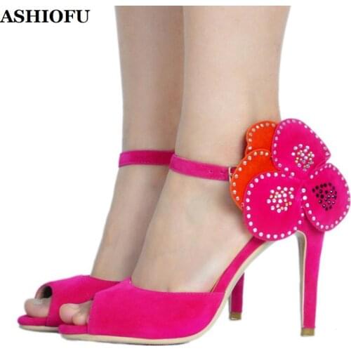 ASHIOFU Handmade Ladies High Heel Sandals Flower Deco Buckle Ankle Strap Party Prom Shoes Peep-toe Evening Fashion Sandals XD272