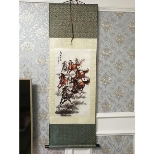 Large TOP GOOD Home living room parlour WALL Decorative painting Success 8 horses courser FENG SHUI ART chinese silk painting