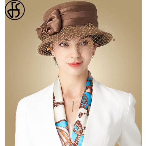 FS Winter Hats For Women Wool Black Veils Hat Wide Brim Bowler Fedora Hat Ladies Elegant Church Felt Caps Red Chapeau Femme