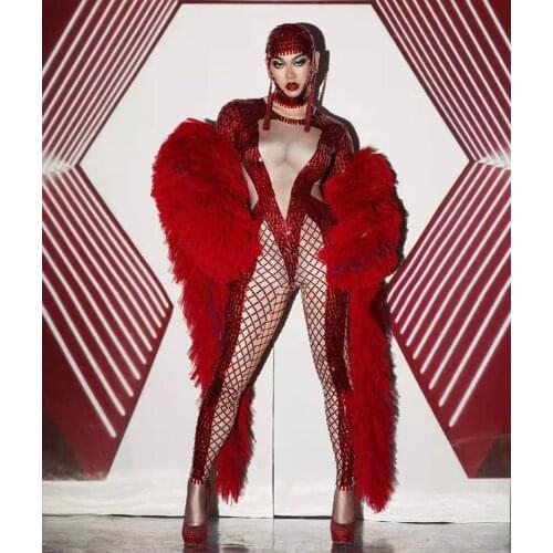 Nightclub Party Red Sequins Stretch Jumpsuit Women Nude Color Rhinestone Bodysuit Singer Stage Outfit Sets Performance Costumes