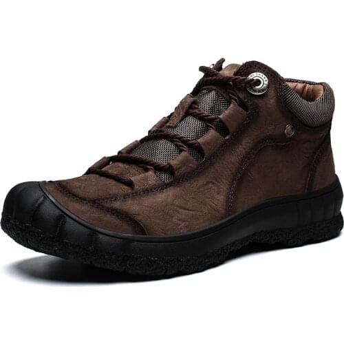 Mens Genuine Leather Casual Shoes Winter Big Size Boot High Outdoor Work Tooling Footwear Non-Slip Hiking Trekking Sneakers Male