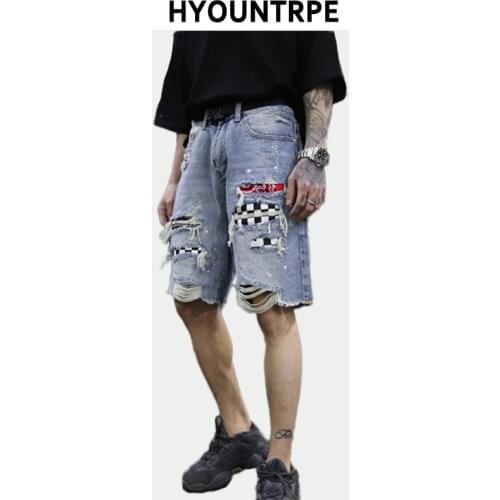 High Street Fashion Destroyed Short Jeans Men Patchwork Printed Pockets Plaid Ripped Loose Jeans New Hip Hop Zipper Pants Jogger