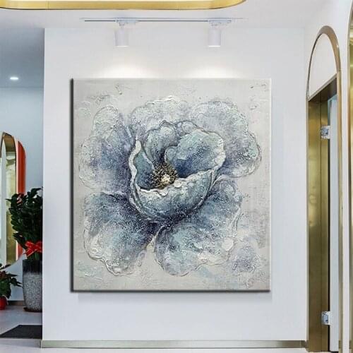 New 100% Handmade Blue Flower Canvas Unframed Abstract Paintings Wall Art Modern Entrance Artwork For Living Room Large Size