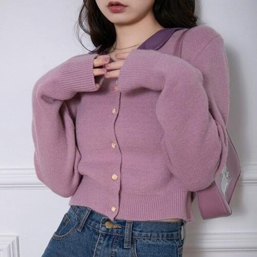2021 Spring and Autumn New Lazy Wind Wool Long-sleeved Short Polo Collar Yarn Satin Lace Lapel Stretch Knitted Cardigan