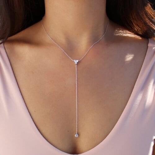 2021 Simple Long Chain Lariat Necklace 925 Sterling Triangle Round Cz Charm Y Shaped Minimal Dainty Women Fashion Party Jewelry