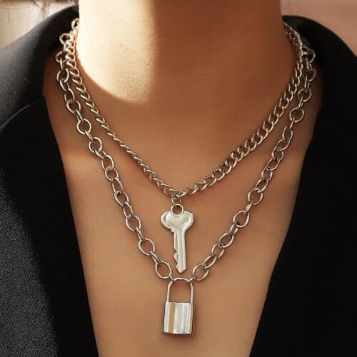 Key Lock Necklace Double Layer Punk Link Chain Padlock Pendant Necklace Hiphop Women Men Fashion Gothic Jewelry
