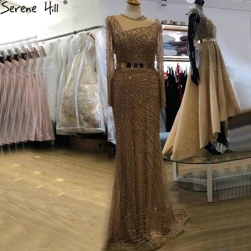 Serene Hill Muslim Gold Mermaid Evening Dresses Gowns 2021 Luxury Elegant Beading Sashes For Women Party LA71140