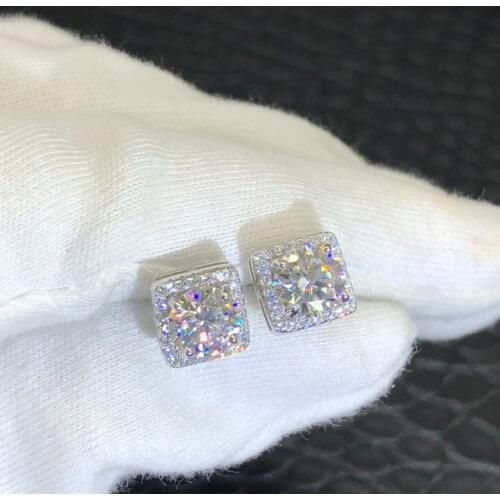 Silver 925 Original Diamond Test Past Brilliant Cut Total 2 Carat D Color Moissanite Square Stud Earrings Gemstone Jewelry Gift