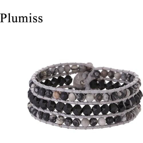 Gypsy Style Map Jaspers Stone Wide Wrap Bracelets Bangles for Lovers Geometric Black Onyx Cuff Bracelet Woman Bohemian Jewelry