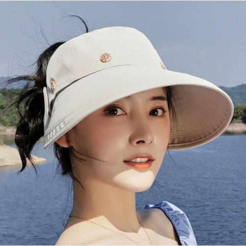 Summer Fodable Two Wearing Sun Hats For Female Bow Visor Caps Outdoor UV Protection Beach Hat Women Empty Top Hats