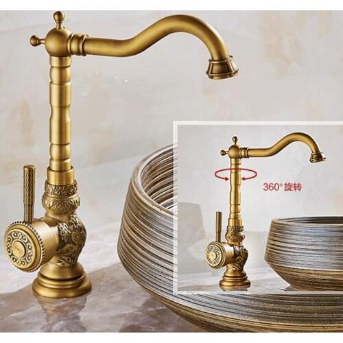 Carving antique kitchen faucet with single handle deck mounted gold kitchen sink mixer tap by brass basin sink water faucet