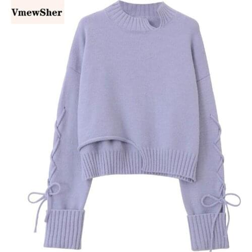 VmewSher New Irregular Sweater Women Winter Warm Knitted Pullover Loose Lace Up Long Sleeve O Neck Knitwear Elegant Jumper Top