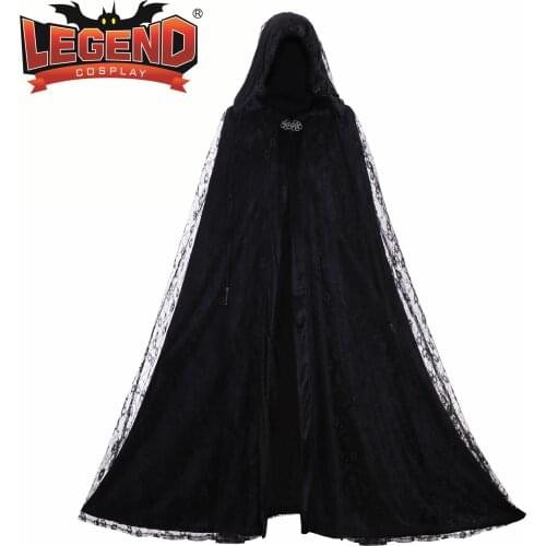 Womens Long Cape Cloak Hooded Steampunk Womens Witch Cape Black Hooded Lace Long Coat Priestess Halloween Costume Maix Cloak