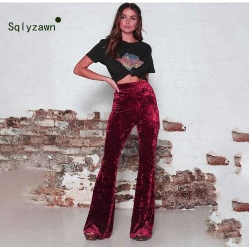 Women Korean Velvet Long Flare Pants Autumn Winter Vintage Velour High Waist Bell Bottom Pants Streetwear Red Black Trousers