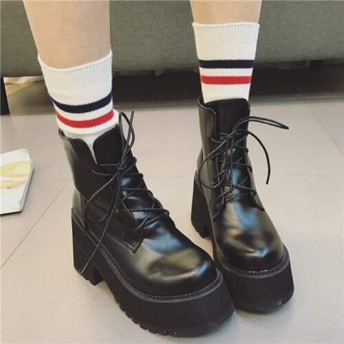 Harajuku Style Thick-Soled Lace-Up Womens Autumn Boots Thick-Heeled Waterproof Platform Heel Ankle Boot Lace-Up Motorcycle Boot