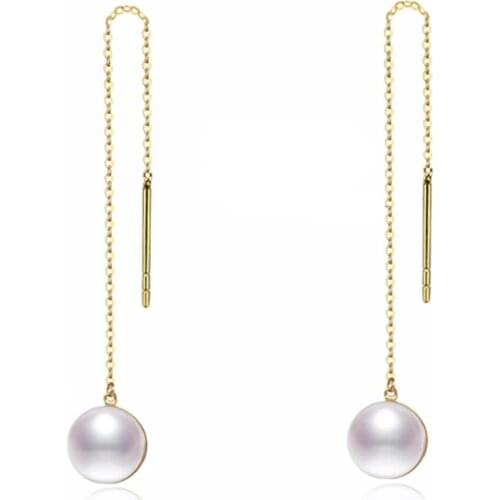 Sinya Au750 gold drop earring with 7.5-8 mm Natural Round high luster pearls 18k long chain tassel design drop earring for women