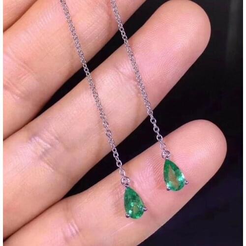 Elegant Silver Emerald Long Drop Earrings for Wedding Pear Cut Natural Emerald Earrings 925 Silver Emerald Jewelry