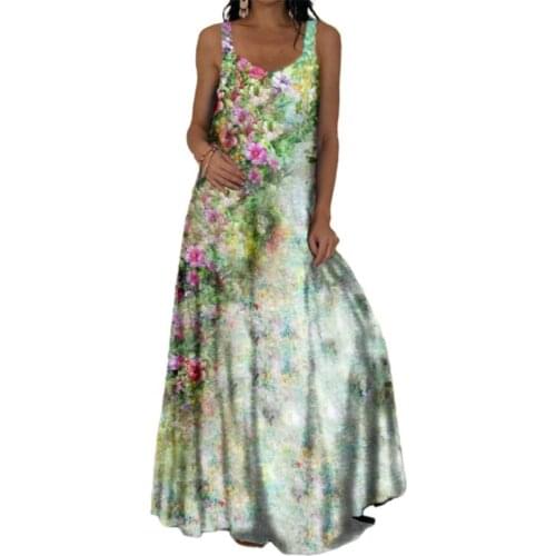 Women Dress Bohemian Sleeveless Large Hem Butterfly Floral Print Full-length Sling Dress Maxi Vintage Clothes vetement femme