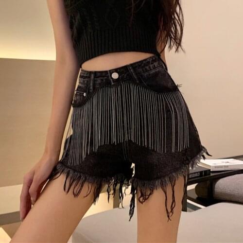 Zoki Fashion Tassel Women Denim Shorts Chain Loose High Waist Black Summer Jeans Streetwear Korean Ladies Wide Leg Shorts Jeans