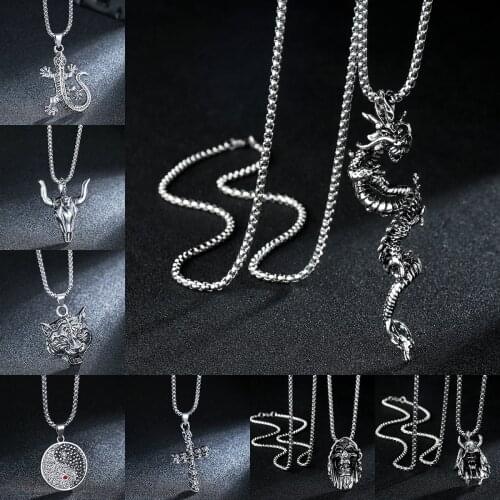Vintage Punk Stainless Steel Charming Long Chain Necklace for Men Women Ancient Dragon Pendant Necklaces High Quality Jewelry