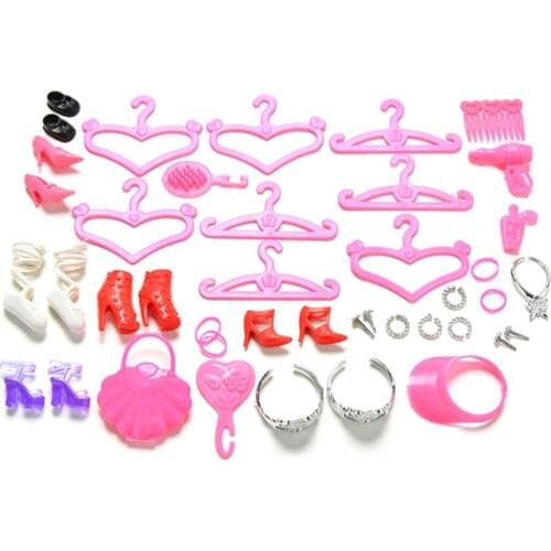45 Pcs/Set For Dolls Jewelry Necklace Earring Clothes Hanger Mirror Comb Crown Bag Shoes