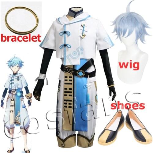 Anime Game Genshin Impact Cosplay Chongyun Cosplay Costume Game Genshin Impact Chong Yun Costume Halloween Chongyun Blue Wig+cap