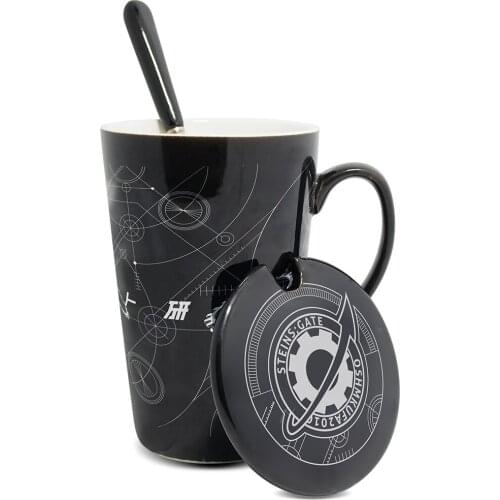 Anime Steins;Gate Okabe Rintarou Water Cup Daily Ceramic Coffee Mug Cup Gold stamping Men Women Spoon+Cup lid Cup Xmas Gifts