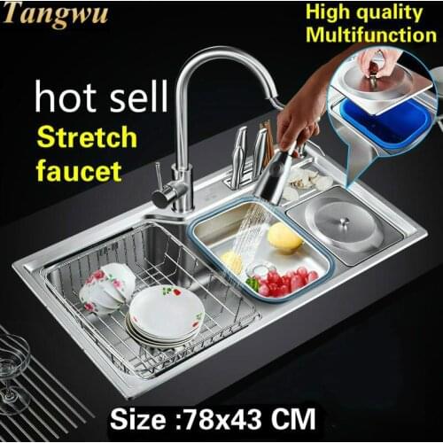 Free shipping Apartment luxury kitchen single trough sink standard stretch faucet wash vegetables 304 stainless steel 78x43 CM