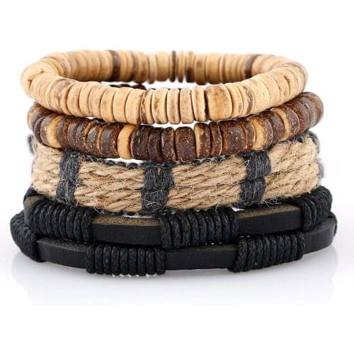 Bohemia Wind Coconut Shell Beads Bracelet 4pcs/set Hemp Rope+Wax Line+Genuine Leather Bracelets Handmade Unisex Jewelry Charming