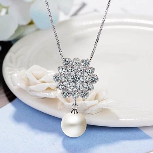 JoiasHome Trendy 925 Silver Necklace with Round Pearl Zircon Gemstones Pendant for Women Wedding Party Gifts Pendants Jewellery