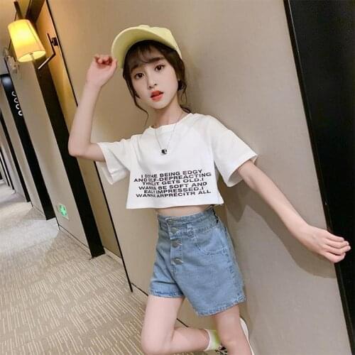 Girls Sets 2021 Summer New Korean Version of Fashionable Girls Short Tops Denim Shorts Two-piece Trend