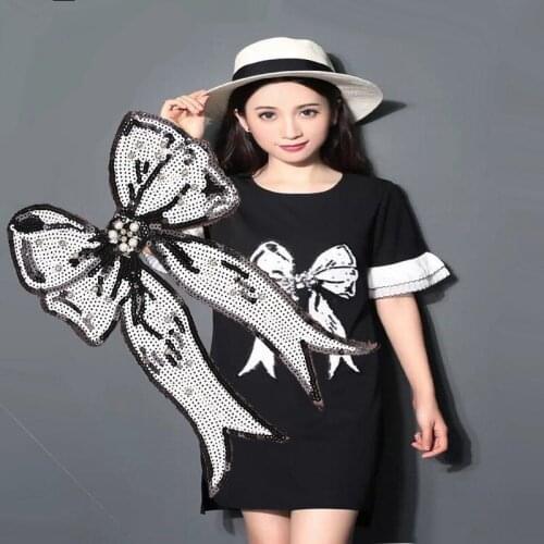 Fashion Bow Pearl Patch Big Beading Silver Bow Logo Sequins Diy Women Embroidery Patches for Clothing Applique Stickers