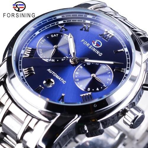 Forsining Waterproof Blue Ocean Design Stainless Steel Calendar Display Mens Automatic Watches Top Brand Luxury Mechanical Clock