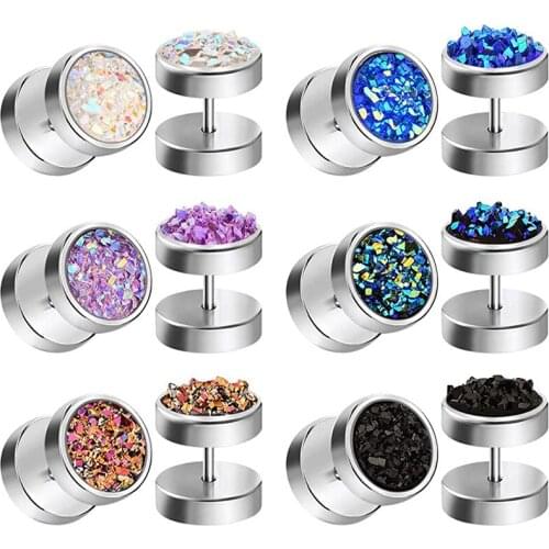 Fake Gauges Earrings for Men Screw Flat Back Disc Stud Earrings Round Cheater Plugs Ear Tunnel Ear Piercing Black Silver 16g 6mm