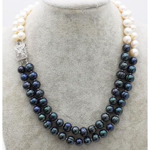 2rows white black freshwater pearl round 9-10mm necklace 17-18inch wholesale beads nature gift discount