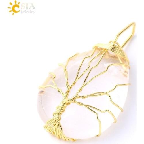 2020 Men and Women Couple Tree of Life Necklace Drop-shaped Natural Stone Pendant Gold Wound Gem Pink Quartz