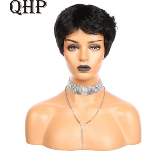 Pixie Cut Straight Short Bob Wigs Natural Black Brazilian Remy Human Hair Wig With Bangs Full Machine Wig