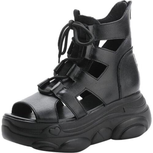 2020 new Fashion Fish mouth full genuine leather sandals women sandals Breathable light comfort wedges sandals Woman Shoes Black