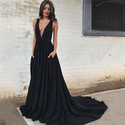Sexy Deep V-Neck Sleeveless Court Train Black Evening Dresses 2021 High Quality Jersey Backless Prom Party Gowns