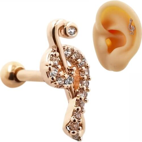 JHJT 1PC 16G Earrings Rose Gold Color Stainless Steel Stud Earrings for Women Child Musical Note Cartilage Ear Studs Piercing