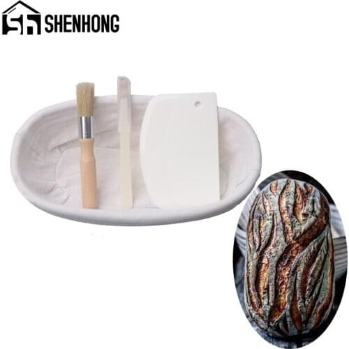 SHENHONG Oval Banneton Brotform Proving 4Pcs Set Bread Fermentation Rattan Basket Linen Liner Dough Knife Scraper Baking Tools