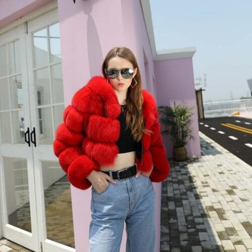 Real fur coat Womens warm shortstyle fox fur jacket with hood long sleeve leather coats