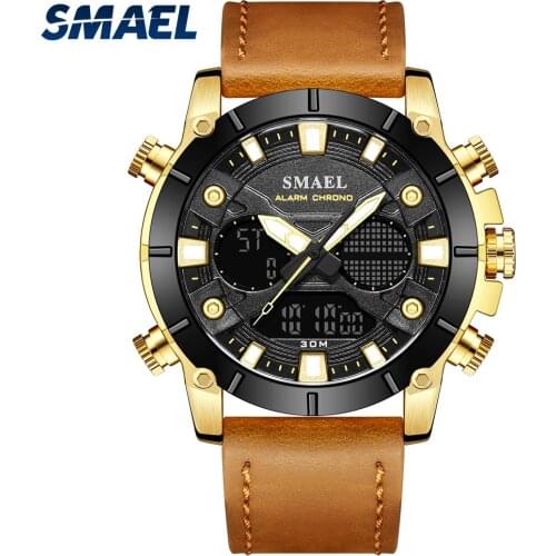 SMAEL Fashion Quartz Mens Watches Top Brand Luxury Clock Dual Display Waterproof Men’s Wrist Watch With Leather Strap SL-6009