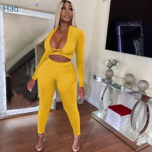 HAOYUAN Sexy 2 Piece Set Long Sleeve Crop Top Sweatpants Hollow Out Women Fall Outfit Wholesale Items In Bulk Club Matching Sets
