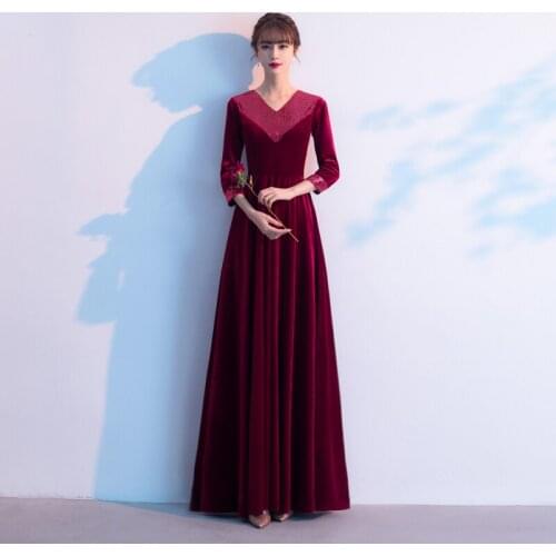 Evening Dress Full Sleeves Empire Velour Elegant V-Neck Pleat A-Line Floor-Length Burgundy Simple Woman Formal Party Gowns A1296